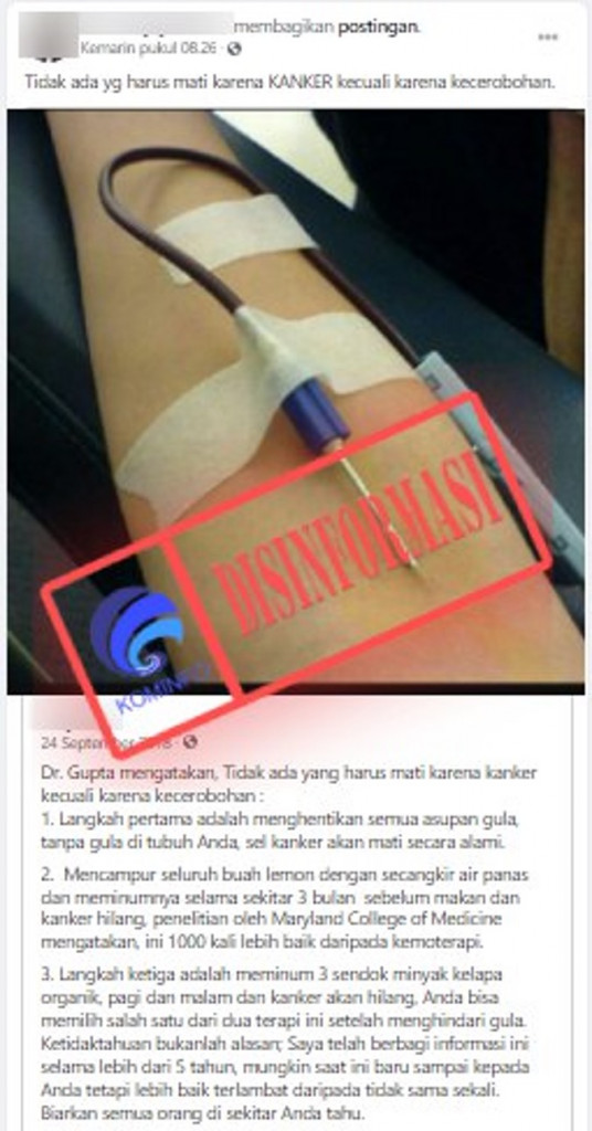 [DISINFORMASI] Minum Lemon dan Minyak Kelapa Organik Bisa Atasi Kanker