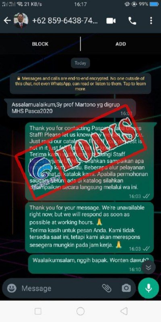 [HOAKS] Nomor WhatsApp Mengatasnamakan Rektor UNNES Prof. Dr. S Martono, M.Si.