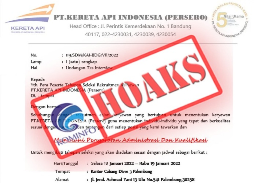 [HOAKS] Surat Panggilan Seleksi Karyawan PT KAI