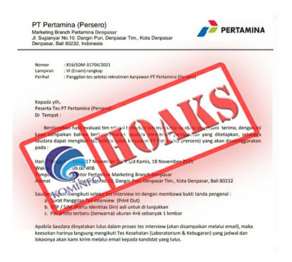 [HOAKS] Surat Panggilan Seleksi Calon Karyawan Pertamina di Denpasar