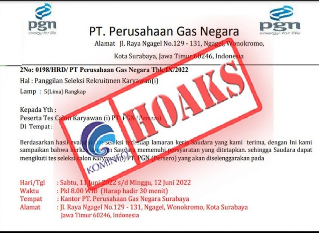 [HOAKS] Surat Pemanggilan Seleksi Karyawan PT Perusahaan Gas Negara (PGN) Tbk