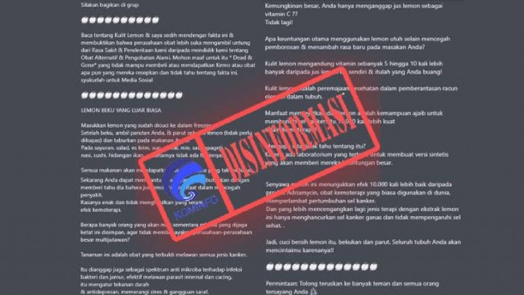 [DISINFORMASI] Parutan Kulit Lemon Beku Dapat Menggantikan Kemoterapi