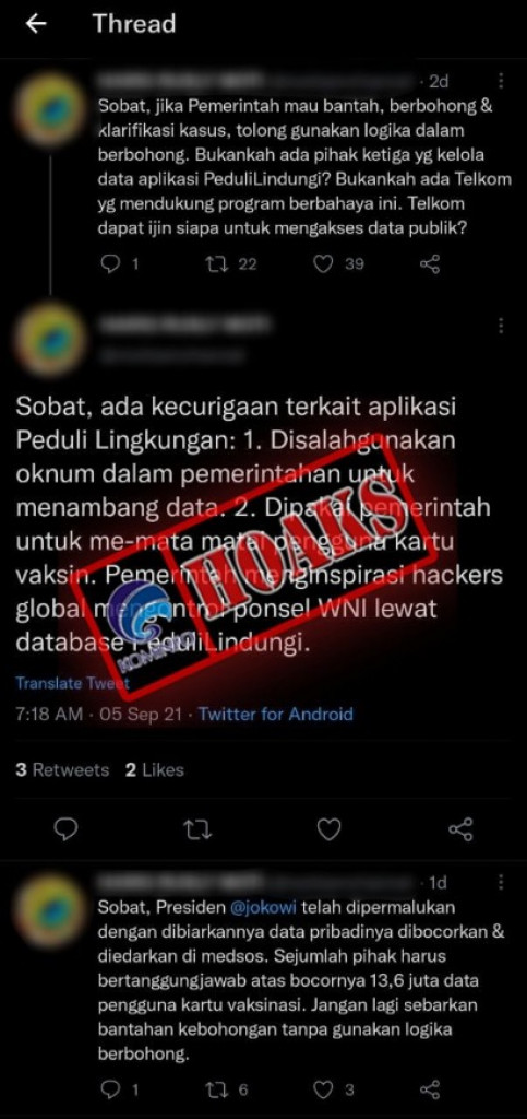 [HOAKS] Aplikasi PeduliLindungi telah Disalahgunakan oleh Pemerintah