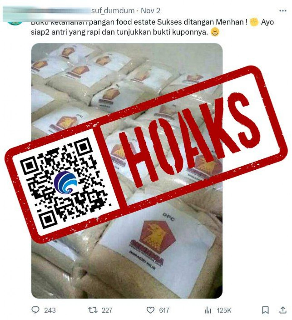 [HOAKS] Pembagian Beras Hasil Ketahanan Pangan Food Estate dari Menhan
