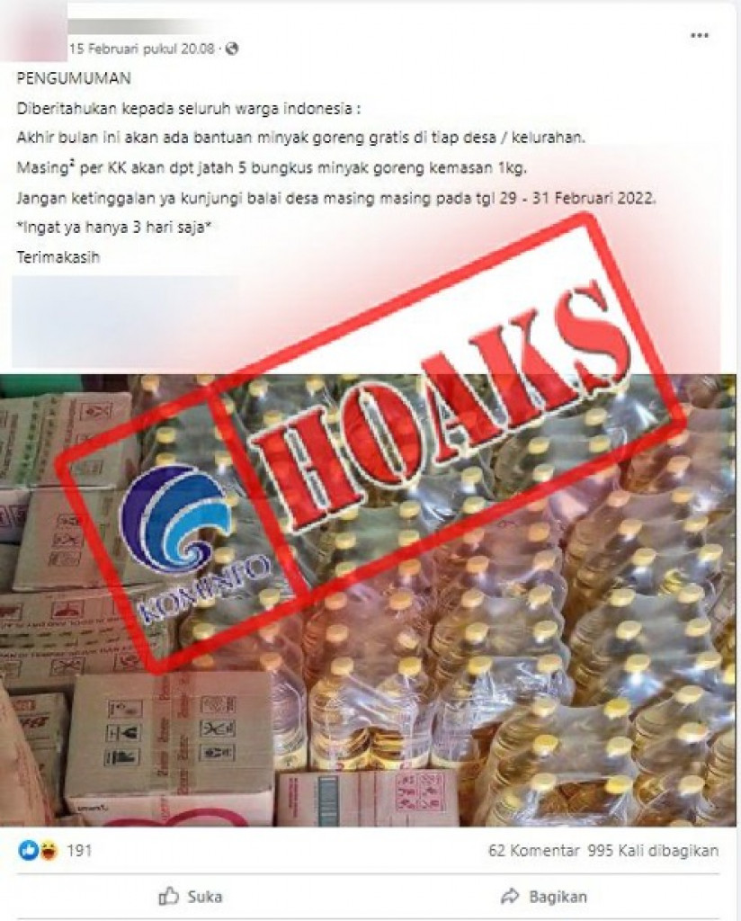 [HOAKS] Pembagian Minyak Goreng Gratis pada 29-31 Februari 2022