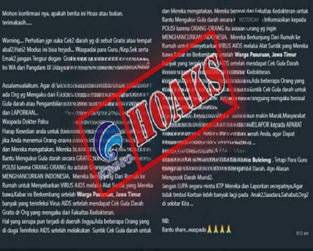 [HOAKS] Pemeriksaan Gula Darah Gratis dari Fakultas Kedokteran Bertujuan Menyebarkan Virus HIV/AIDS