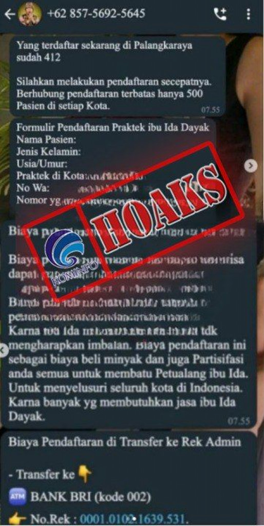 [HOAKS] Pendaftaran Pengobatan Ida Dayak di Palangka Raya