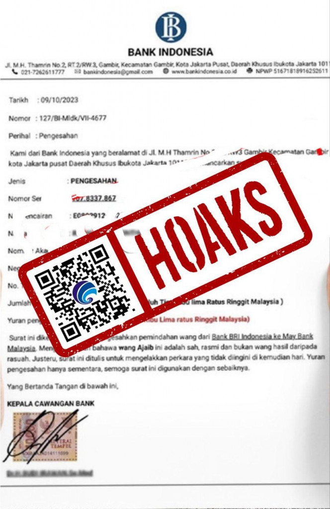 [HOAKS] Surat Pengesahan Transfer Dana ke Luar Negeri Mengatasnamakan Bank Indonesia