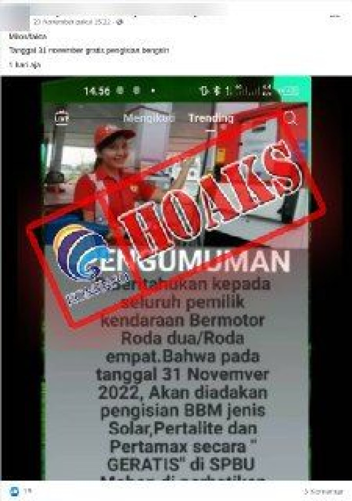 [HOAKS] Pengisian BBM Gratis pada 31 November 2022