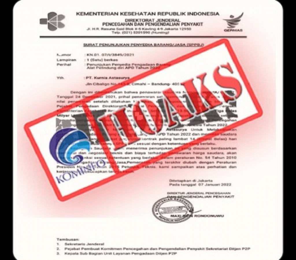 [HOAKS] Surat Penunjukan Penyedia Barang/Jasa Kementerian Kesehatan Republik Indonesia Tahun 2022