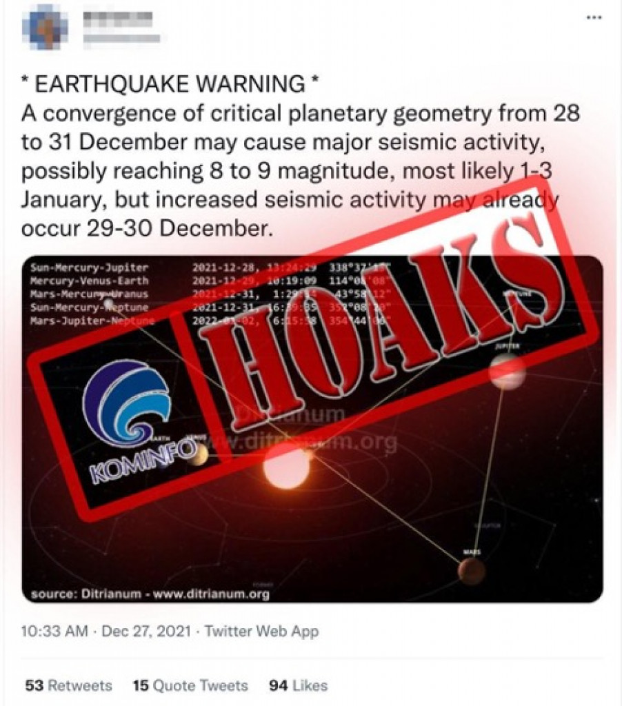 HOAKS] Peringatan Gempa Bumi Berkekuatan 8-9 SR pada 1 - 3 Januari 2022 karena Persilangan Posisi Planet