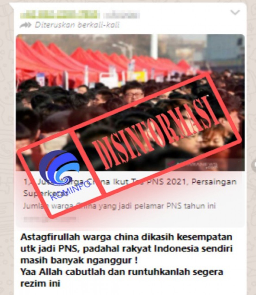 [DISINFORMASI] Pesan Berantai “warga china dikasih kesempatan jadi PNS, padahal rakyat Indonesia sendiri masih banyak nganggur”