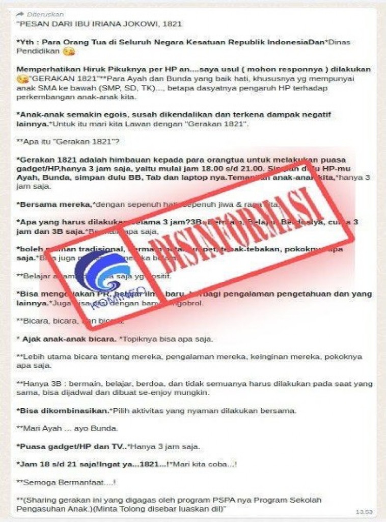 [DISINFORMASI] Pesan Berantai Pembatasan Penggunaan Handphone Bagi Anak dari Ibu Presiden Iriana Joko Widodo