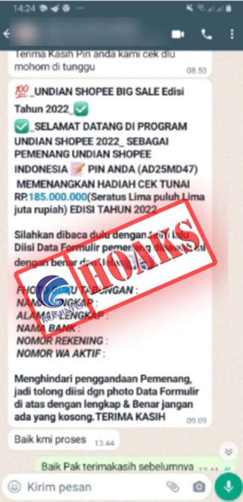 [HOAKS] Pesan Singkat Pemenang Undian Shopee Berhadiah Cek Tunai Rp185 Juta