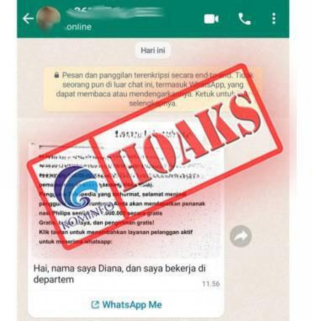 [HOAKS] Pesan WhatsApp Departemen Pemasaran Tokopedia Bagi-bagi Hadiah