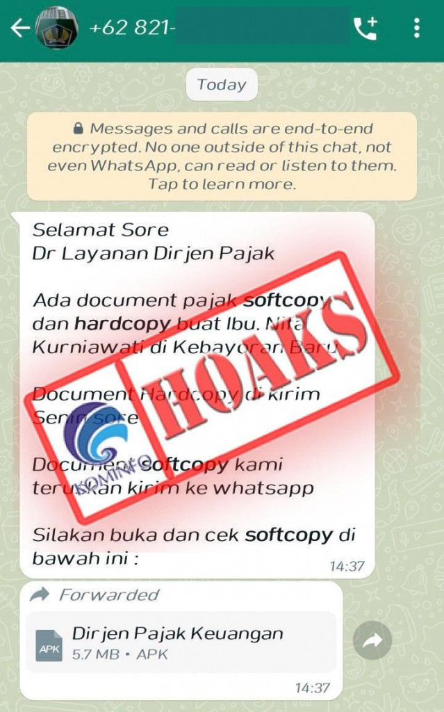 [HOAKS] Pesan WhatsApp Mengatasnamakan Direktorat Jenderal Pajak