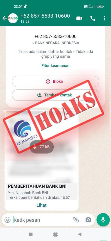 [HOAKS] Pesan WhatsApp Pemberitahuan Nasabah Mengatasnamakan BNI