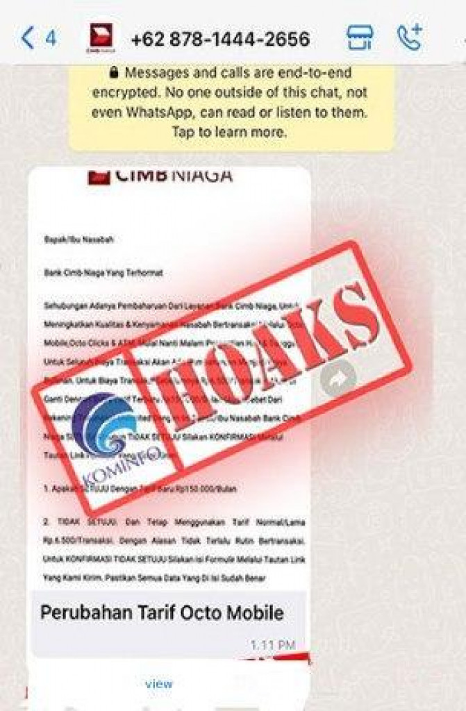 [HOAKS] Pesan WhatsApp Perubahan Tarif Biaya Transaksi Mengatasnamakan Bank CIMB Niaga