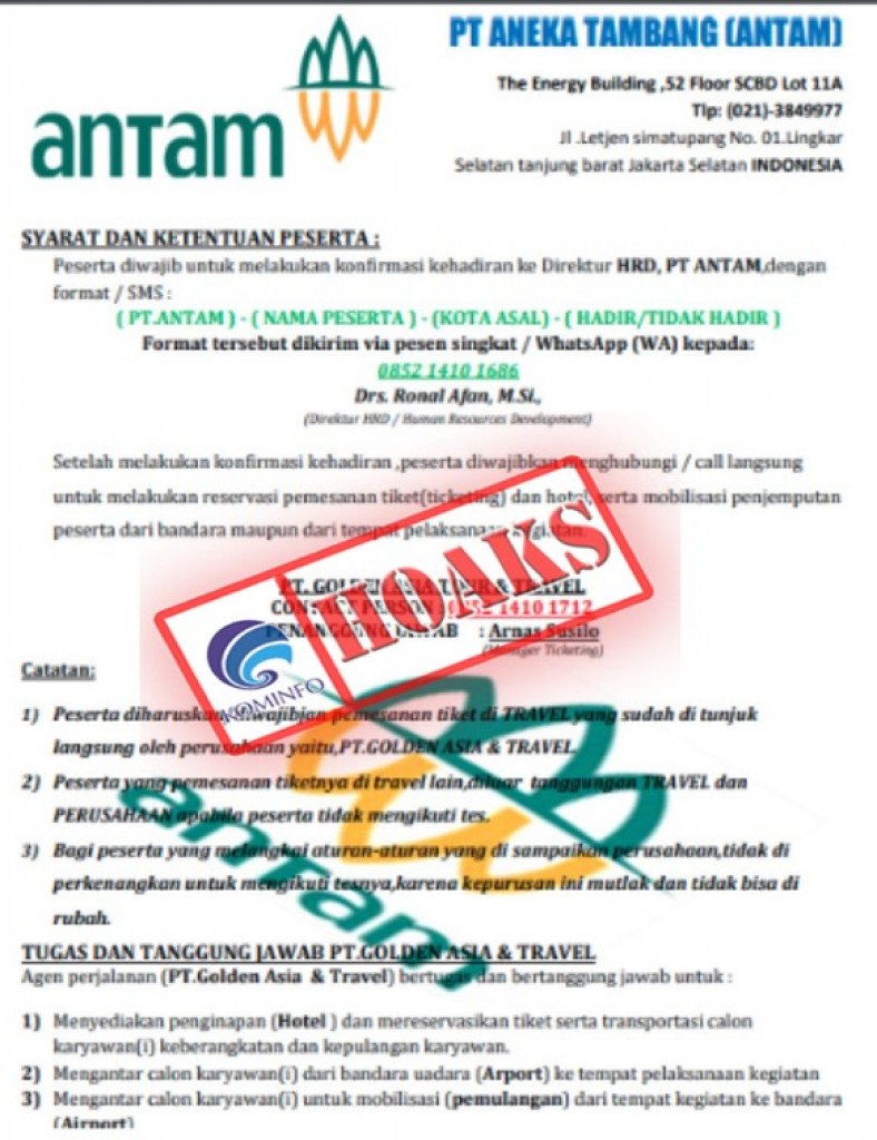 [HOAKS] Peserta Wawancara Kerja PT ANTAM Wajib Pesan Tiket di Biro Perjalanan