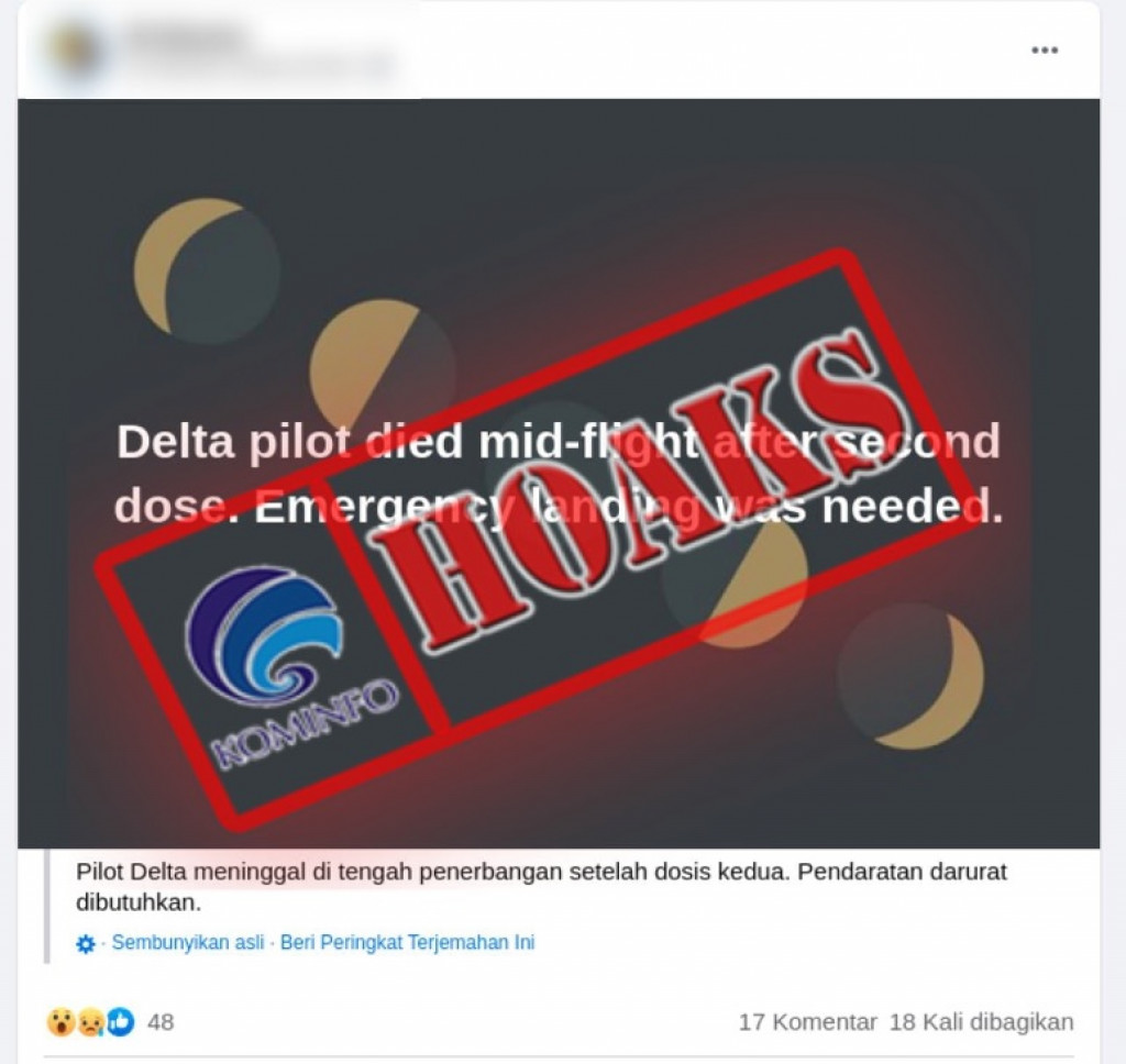 [HOAKS] Pilot Pesawat Delta Air Lines Meninggal setelah Divaksinasi Kedua di Tengah Penerbangan