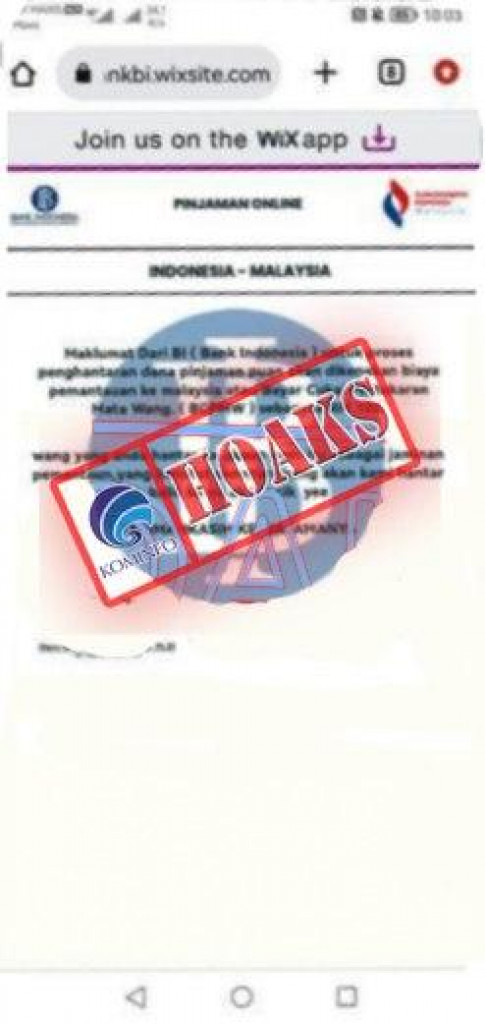 [HOAKS] Pinjaman Dana Online antara Indonesia-Malaysia Mengatasnamakan Bank Indonesia