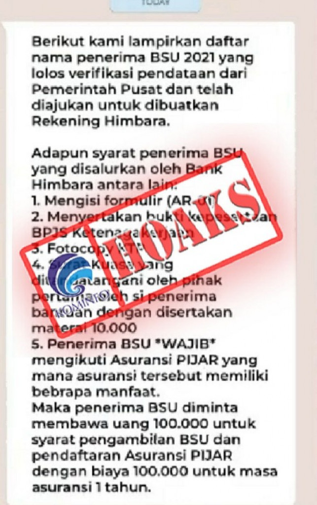 [HOAKS] Penerima BSU Wajib Membayar Rp100 Ribu untuk Biaya Administrasi dan Asuransi
