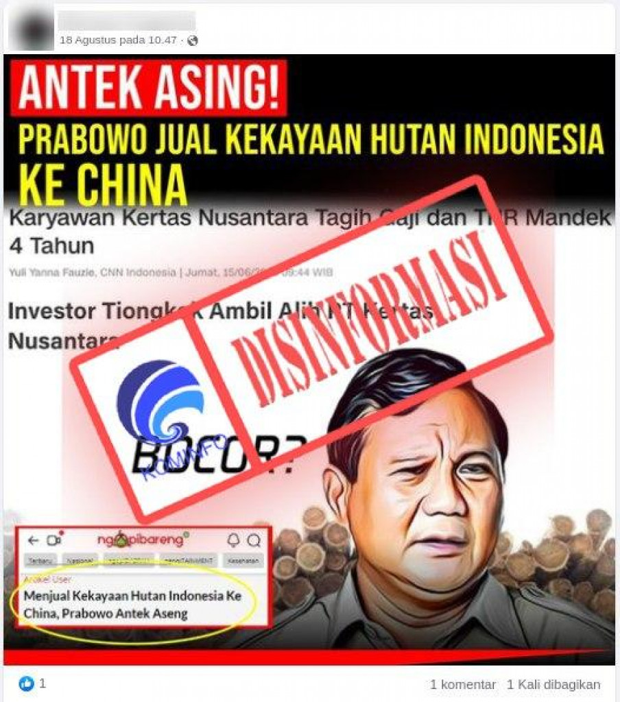 [DISINFORMASI] Prabowo Jual Kekayaan Hutan Indonesia ke Cina