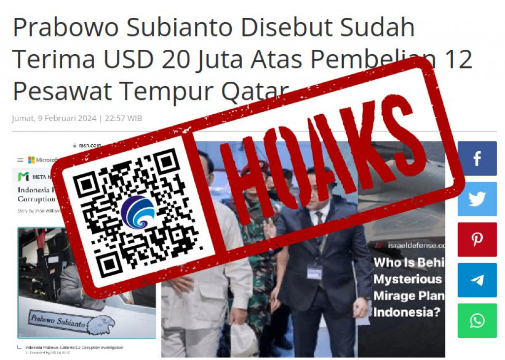 [HOAKS] Prabowo Subianto Sudah Terima USD 20 Juta atas Pembelian 12 Pesawat Tempur Qatar