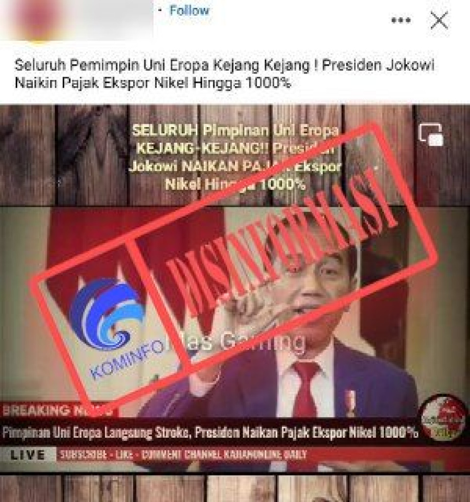 [DISINFORMASI] Presiden Jokowi Naikkan Pajak Ekspor Nikel 1.000 Persen