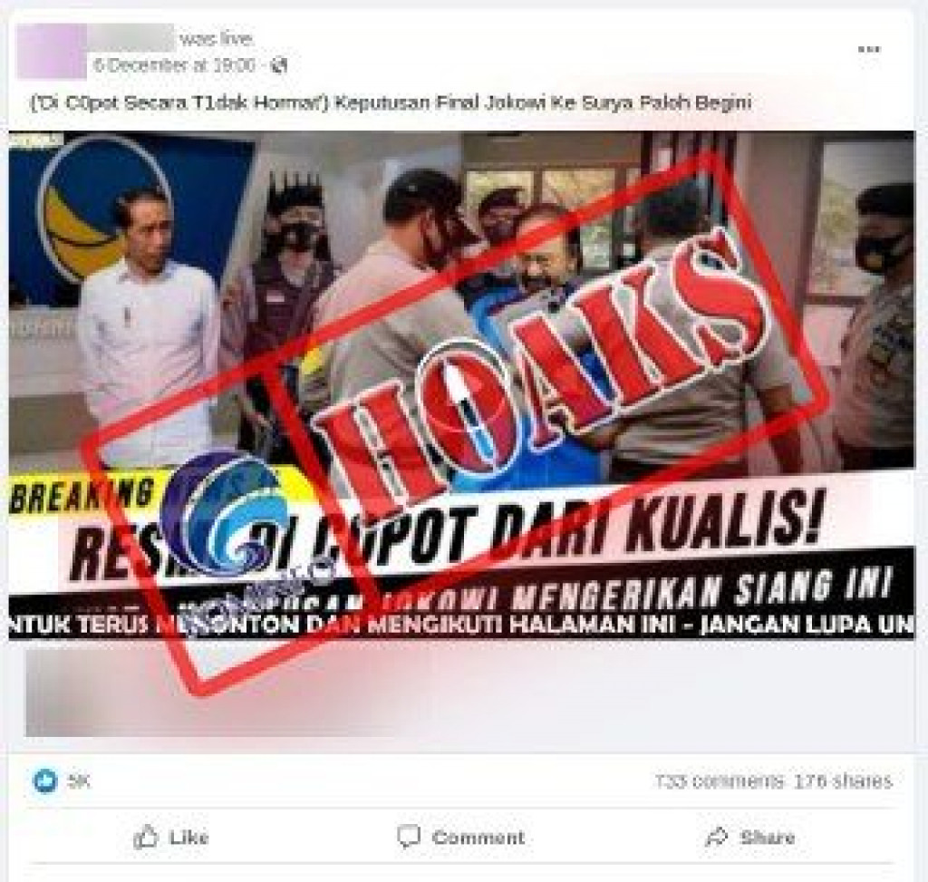 [HOAKS] Presiden Jokowi Resmi Memecat Ketua Umum Partai Nasional Demokrat (Nasdem) Surya Paloh