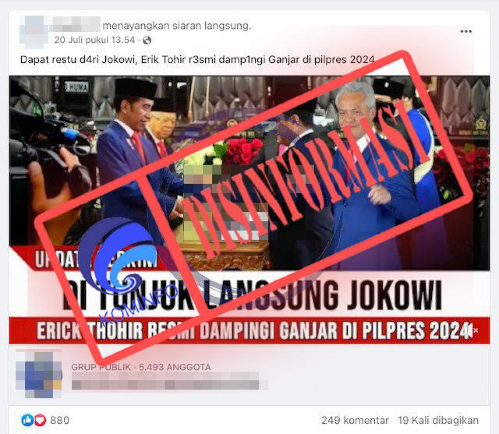 [DISINFORMASI] Presiden Jokowi Tunjuk Erick Thohir Dampingi Ganjar di Pilpres 2024