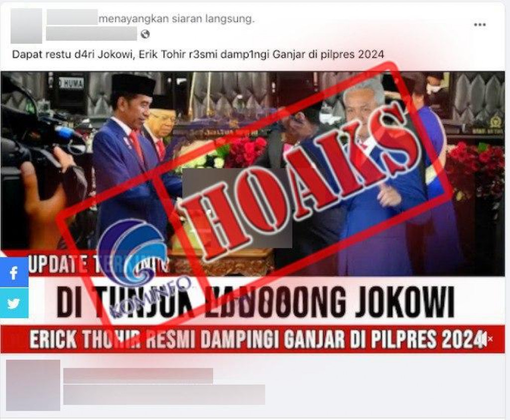 [HOAKS] Presiden Jokowi Tunjuk Erick Thohir Dampingi Ganjar Pranowo di Pilpres 2024