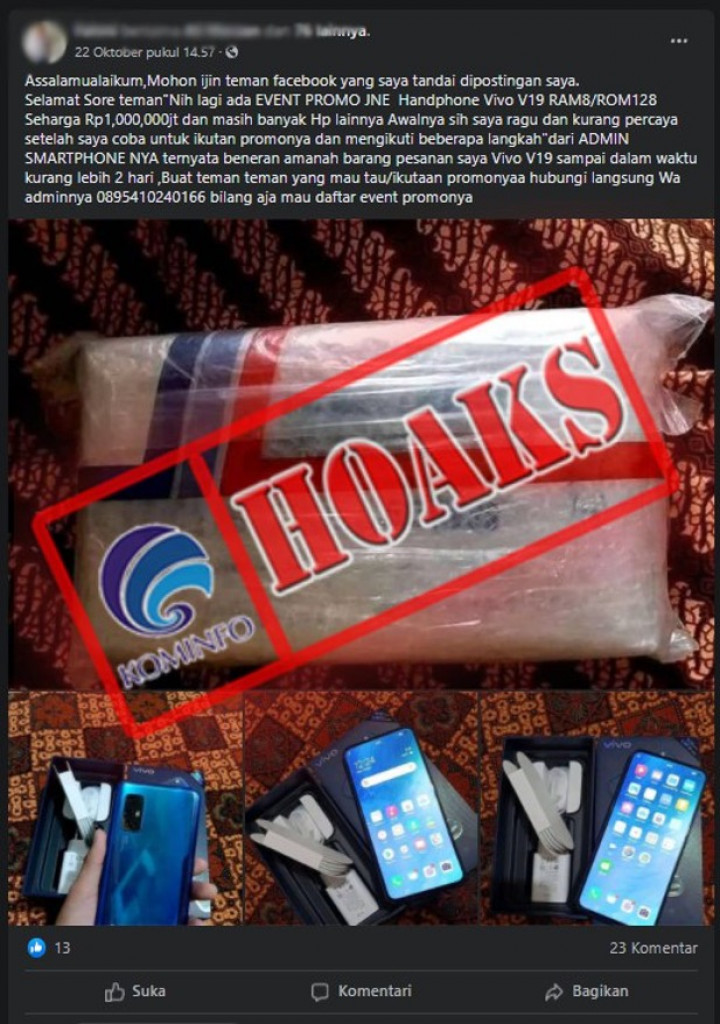 [HOAKS] Promo Handphone Vivo Mengatasnamakan JNE