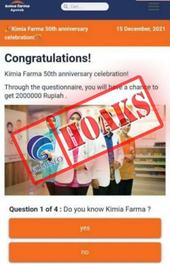 [HOAKS] Rayakan HUT ke-50 Kimia Farma Bagikan Rp2 Juta