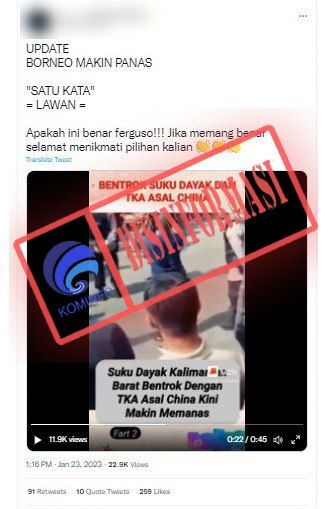 [DISINFORMASI] Rekaman Bentrok Antara Suku Dayak dan TKA Tiongkok