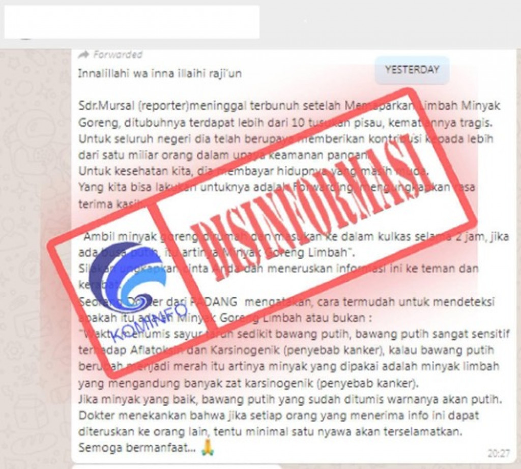 [DISINFORMASI] Seorang Reporter Terbunuh setelah Ungkap Limbah Minyak Goreng
