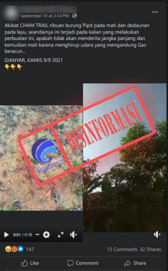 [DISINFORMASI] Ribuan Burung Pipit di Gianyar Mati karena Chemtrail