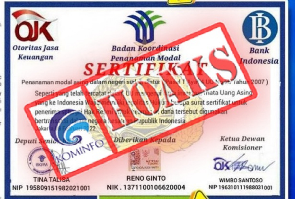 [HOAKS] Sertifikat Keamanan Dana Investasi Mengatasnamakan Staf Khusus dan Juru Bicara Kementerian Investasi/BKPM