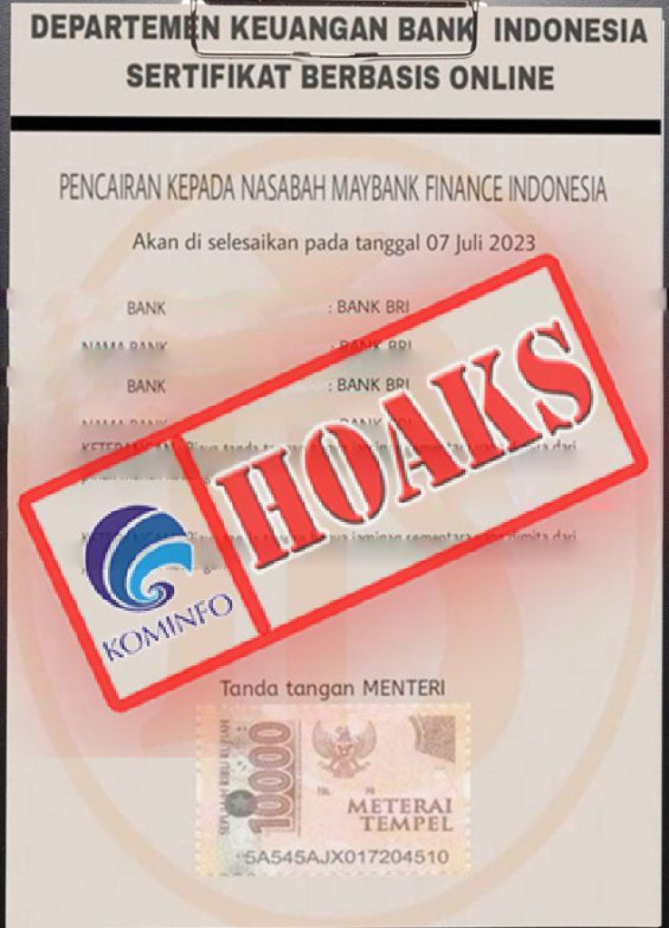 [HOAKS] Sertifikat Pencairan Dana Berbasis Online Mengatasnamakan Bank Indonesia