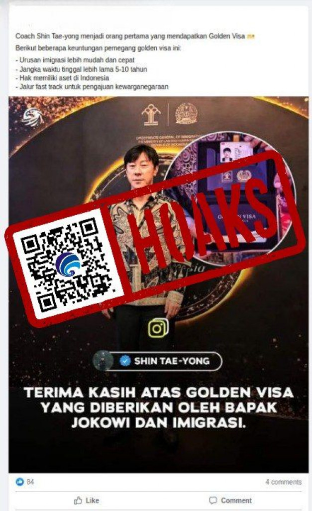 [HOAKS] Shin Tae-yong adalah WNA Pertama yang Dapat Golden Visa