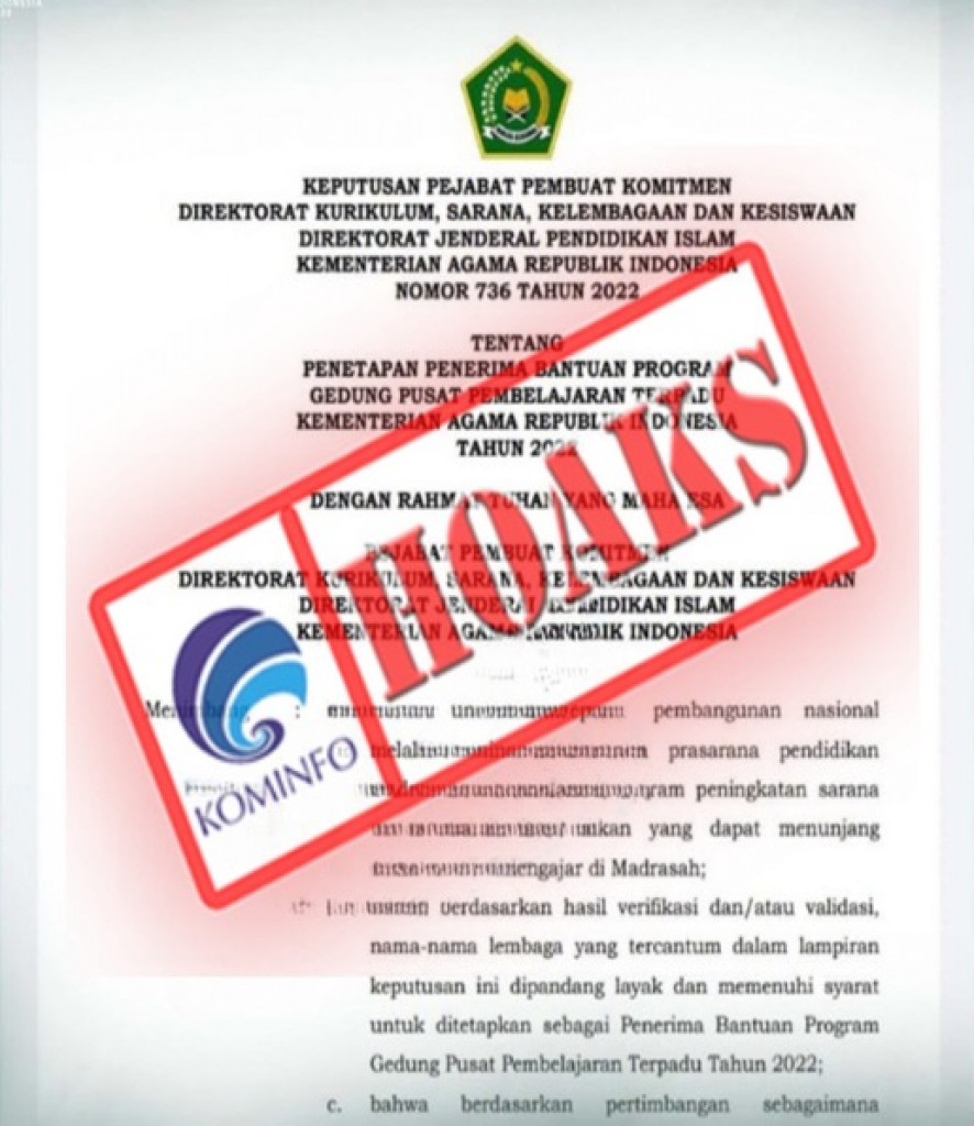 [HOAKS] Surat Keputusan Penetapan Penerima Bantuan Program Gedung Pusat Pembelajaran Terpadu Mengatasnamakan Ditjen Pendis Kemenag