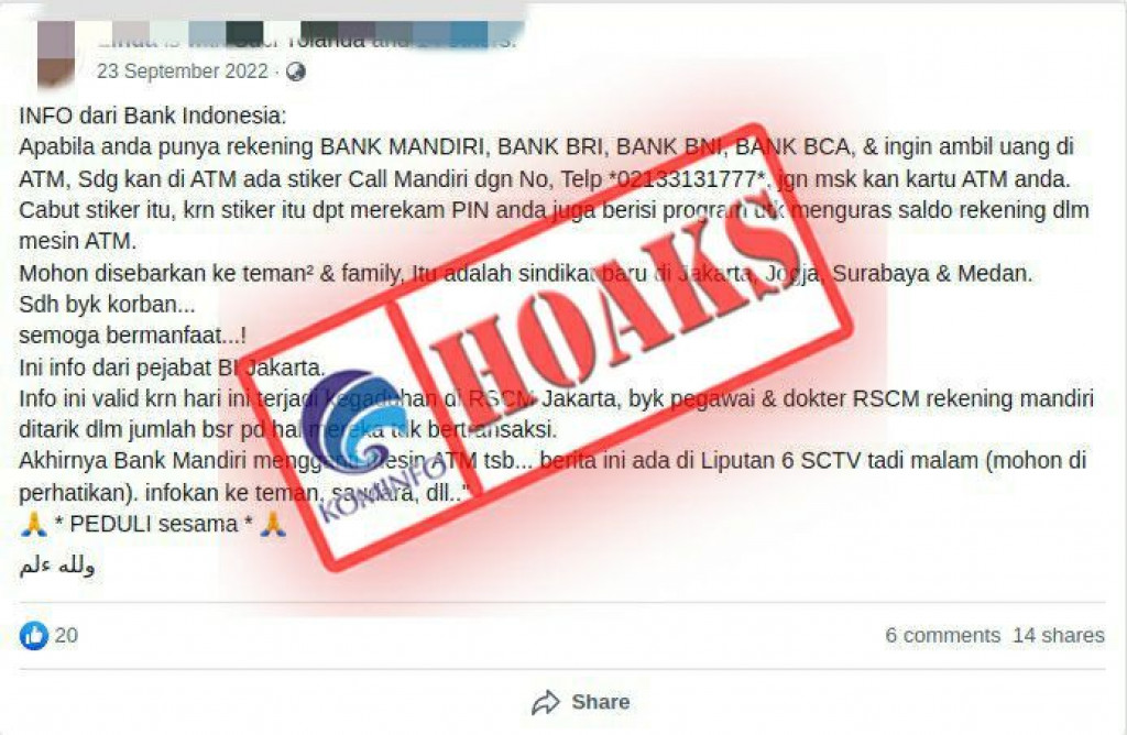 [HOAKS] Stiker di Mesin ATM Bank Mandiri Bisa Merekam PIN