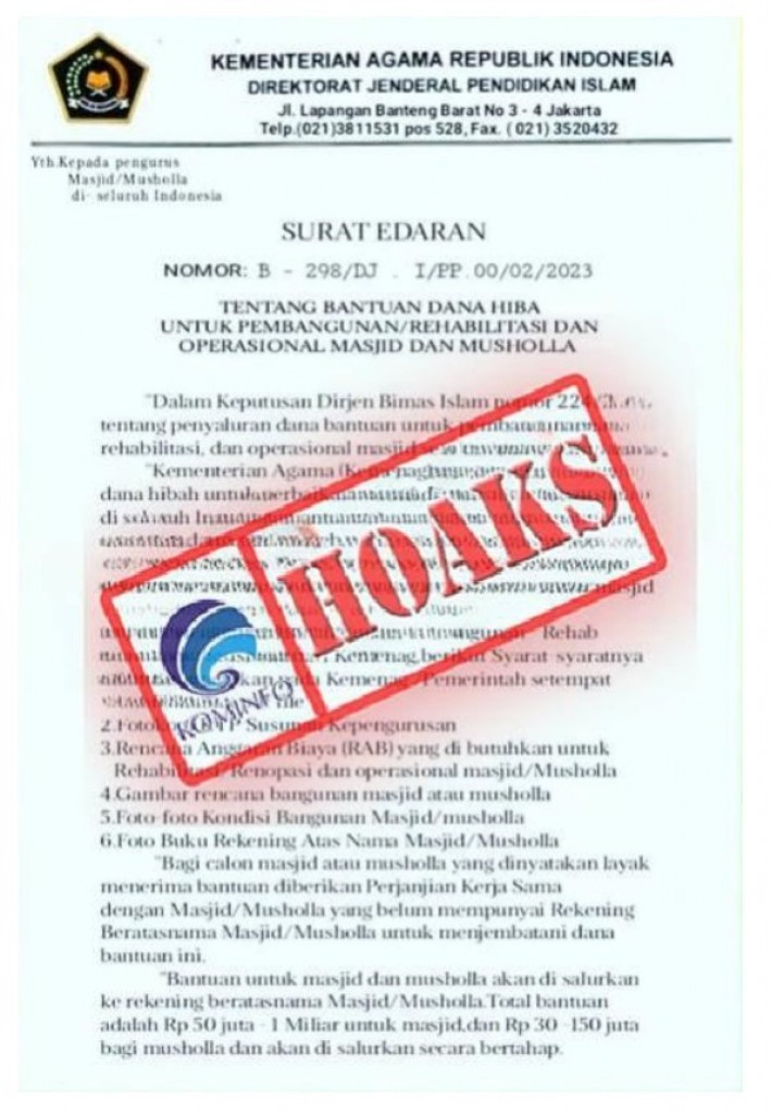 [HOAKS] Surat Penawaran Dana Bantuan Mengatasnamakan Direktorat Jenderal Pendidikan Islam Kementerian Agama