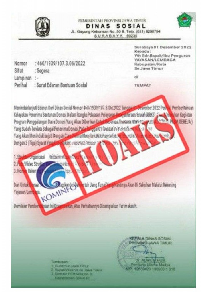 [HOAKS] Surat Edaran Mengatasnamakan Dinas Sosial Provinsi Jawa Timur