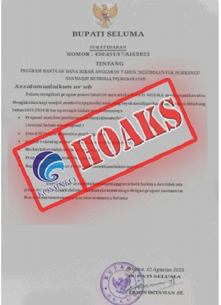 [HOAKS] Surat Edaran Bupati Seluma tentang Program Bantuan Dana Hibah Anggaran Tahun 2023/2024