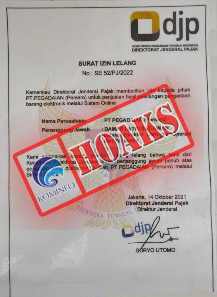 [HOAKS] Surat Izin Lelang Mengatasnamakan Direktorat Jenderal Pajak