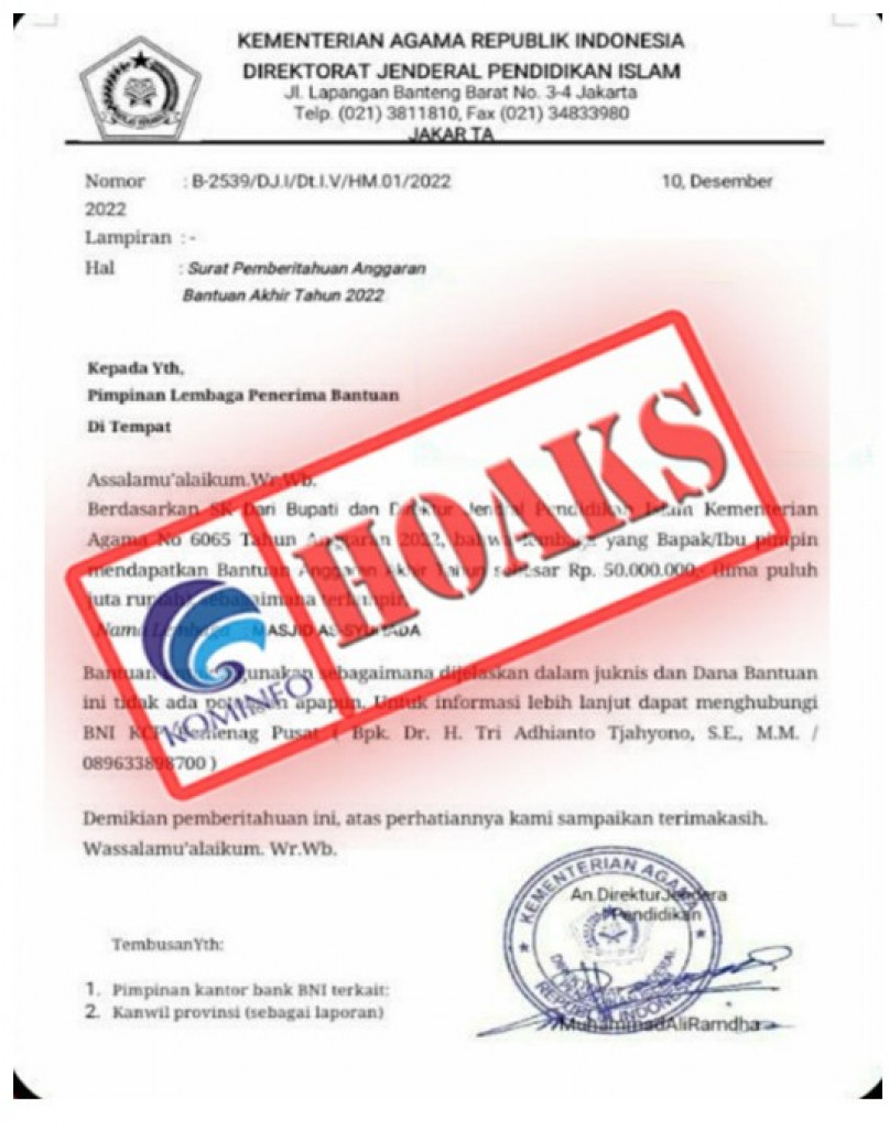 [HOAKS] Surat Pemberitahuan Mengatasnamakan Kementerian Agama Terkait Pemberian Bantuan Akhir Tahun 2022