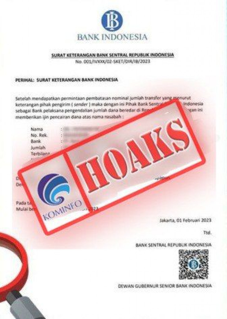 [HOAKS] Surat Keterangan Mengatasnamakan Bank Indonesia Terkait Izin Pencairan Dana