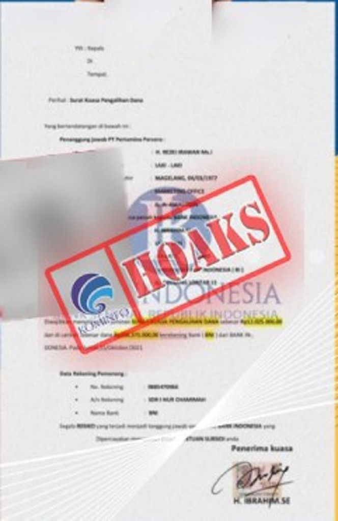 [HOAKS] Surat Kuasa Pengalihan Dana Mengatasnamakan Bank Indonesia