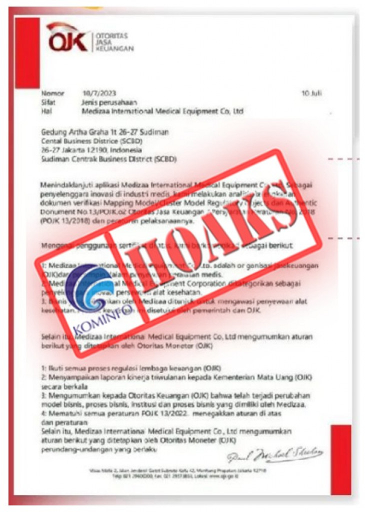 [HOAKS] Surat Medizaa International Medical Equipment Co. Ltd. Mengatasnamakan OJK